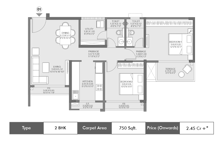 2 BHK-750 Sq.ft.