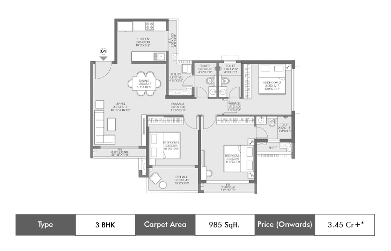 3 BHK-985 Sq.ft.